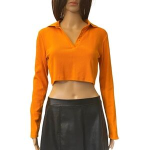 Zara Women's Cropped Top Long Sleeves V-Neck Collared Bright Orange Size L - NWT